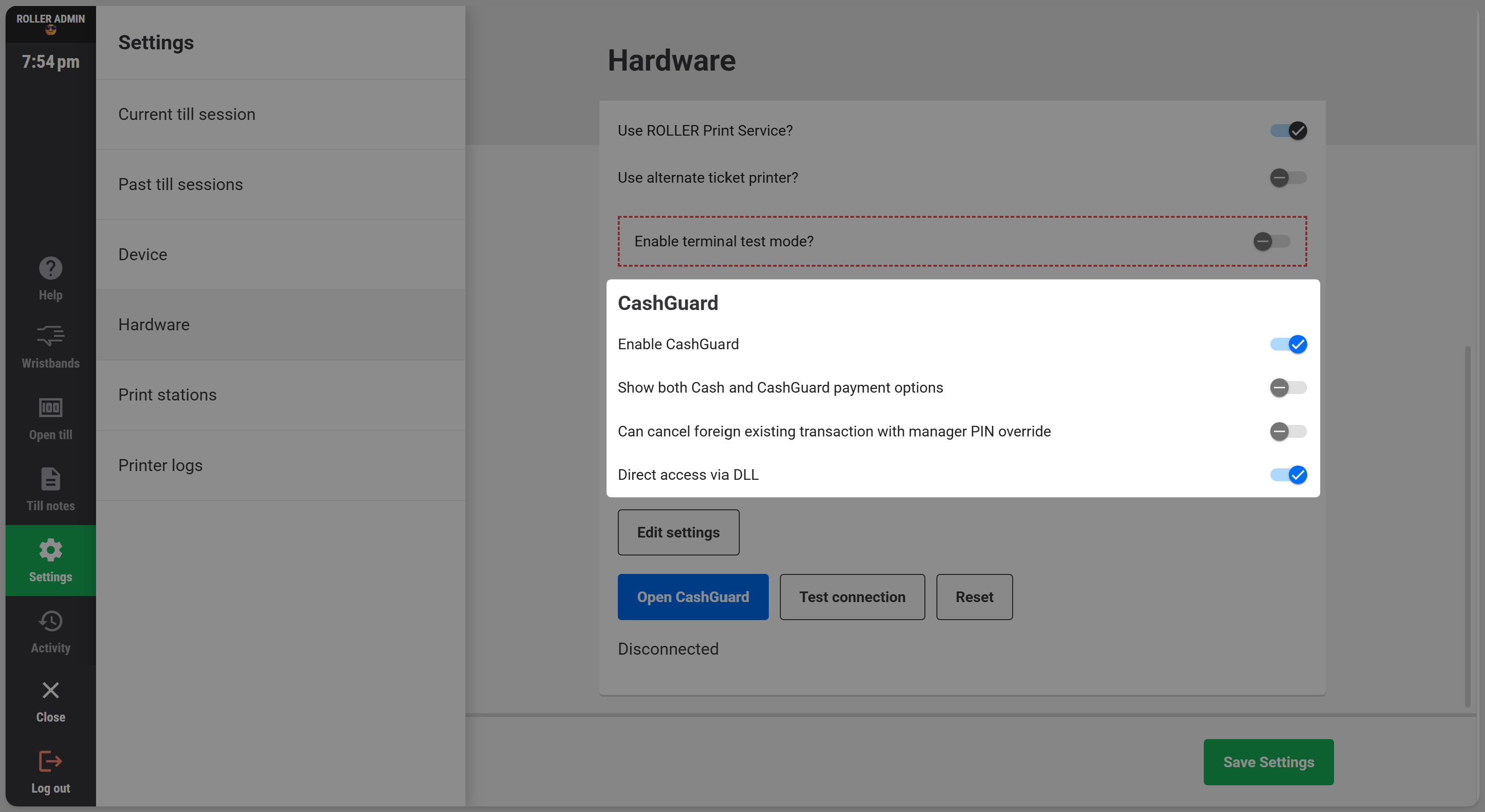 Settings menu displaying CashGuard options and related functionalities for payment management.